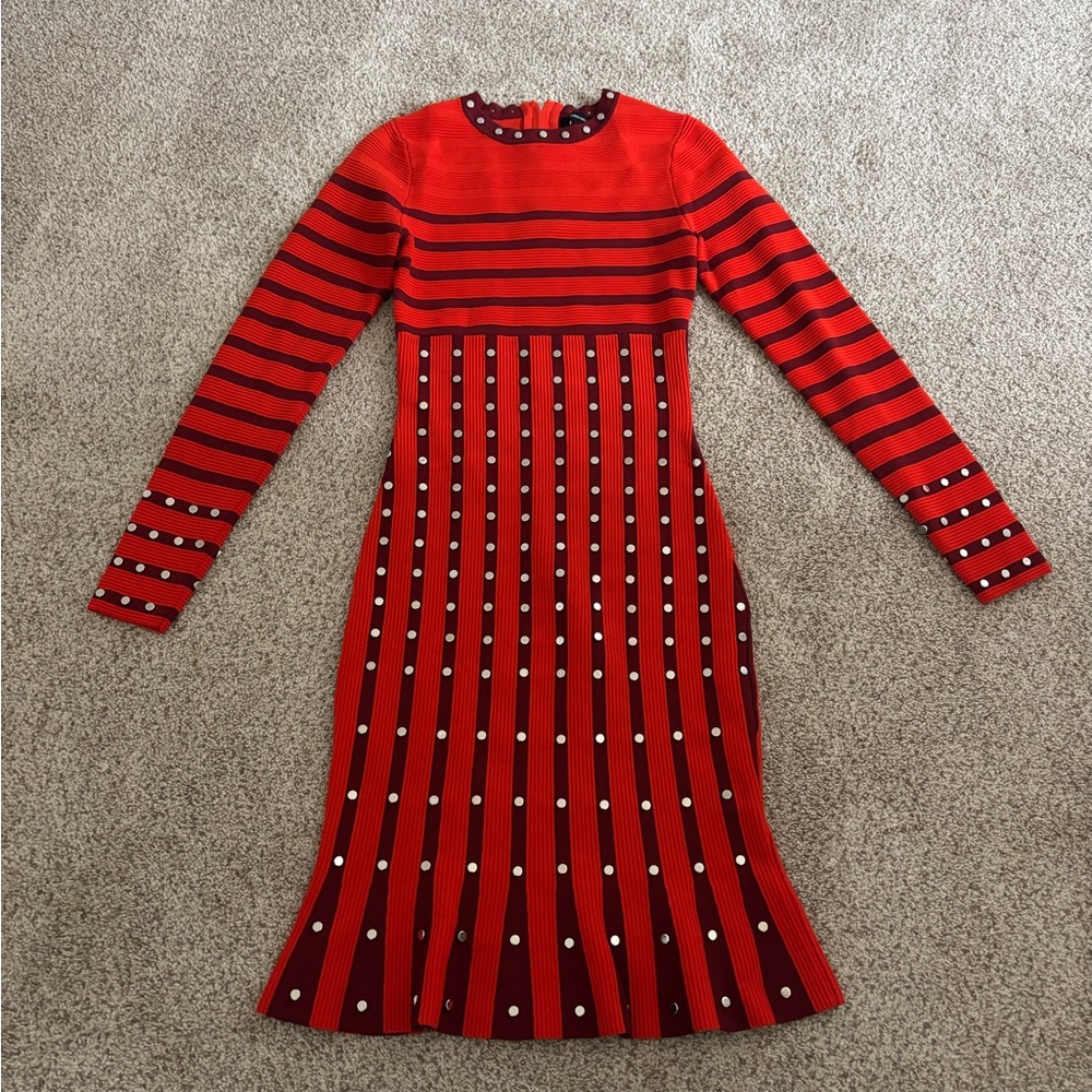 Karen Millen Red Striped and Studded Long Sleeve Dress
